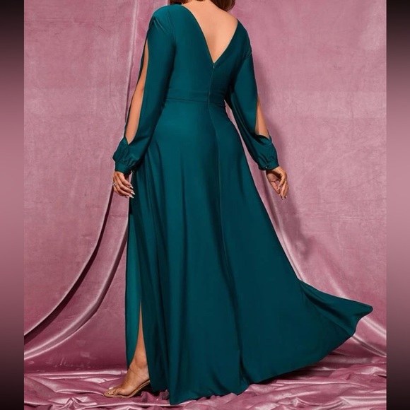 Luxe plus size bishop sleeve slit thigh party formal evening prom wedding dress - Picture 3 of 6